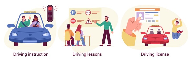 Set of driving school process with instructor and students. Driving lessons and instruction, driving license, passing test, ID card, exam preparation. Flat cartoon vector ilustration