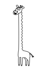 Smiling giraffe in black and white to be colored on white background