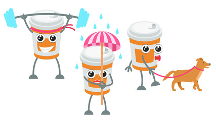 Set Abstract Collection Flat Cartoon 
Different Cup Of Coffee Goes In For Sports With A Barbell, Walking The Dog On A Leash, With An Umbrella In The Rain Vector Design Style Elements 