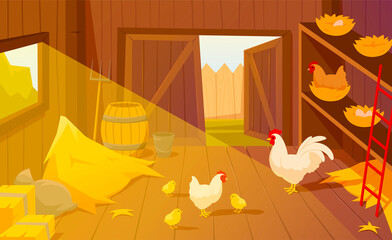 Barn on farm with chickens, straw and hay as a chicken coop. Interior of old wooden shed with hen nests, haystack, garden tools. Rural barnhouse for storage harvest. Flat cartoon vector illustration © 100% HAND-CRAFTED