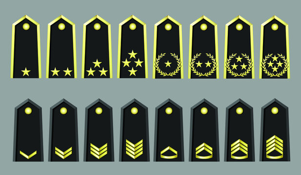 Collection of military ranks isolated on white background, vector illustration.
