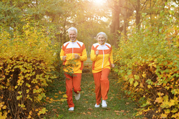 Portrait of happy fit senior couple jogging