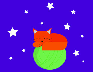 Ginger cat sleeping on a ball of yarn vector illustration