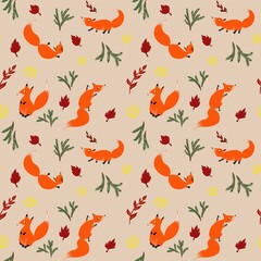 Seamless pattern. Cute foxes and autumn leaves