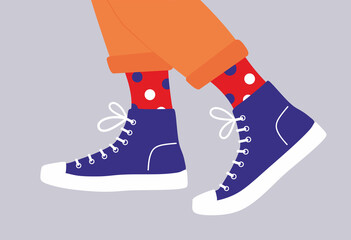 
Shoe pair, boots, footwear. Canvas shoes. Feet legs walking in sneakers with colored socks and jeans. Fashion style high-top and low-top sneakers.Lace-up shoes.Color Isolated flat vector illustration - obrazy, fototapety, plakaty