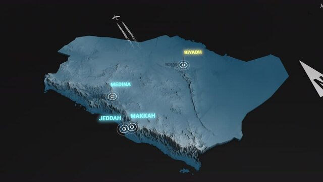Seamless looping animation of the 3d terrain map at nighttime of Saudi Arabia with the capital and the biggest cites in 4K resolution