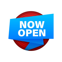 Ribbon with now open. Megaphone banner. Web design. Vector stock illustration.