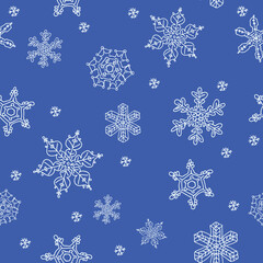 Seamless pattern of hand drawing Snowflakes contur white element in dark background