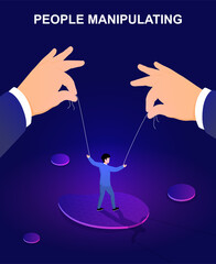 Hands controlling business puppet on strings. Concept of of exploitation, domination, control and manipulating of business workers. Flat cartoon vector illustration