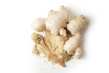 Dry and fresh ginger in bowl isolated on white background