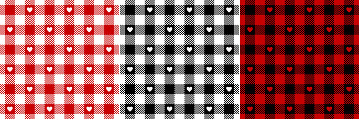 Gingham check plaid pattern with hearts for Valentines Day in black, red, white. Seamless herringbone textured tartan vector for dress, shirt, skirt, gift paper, other modern holiday fashion design.
