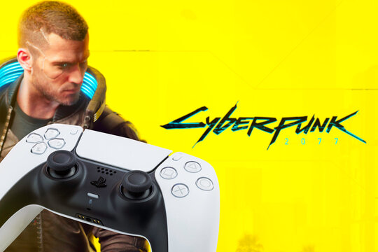 Playstation 5 Dual Sense Controller with CyberPunk 2077 game blurred in the background. Rio de Janeiro, RJ, Brazil. October 2021.