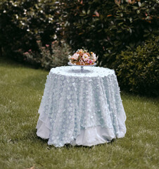 Close-up of table with white tablecloth with a vase of flowers on it.