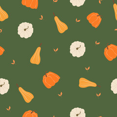 Autumn seamless background green with white, yellow, orange pumpkins
