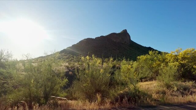 Sunlight Over Summit Of Picacho Peak State Park In Pinal County, Arizona. POV
