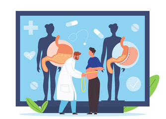 Male surgeon doctor measuring waist of fat man. Preparing patient for bariatric gastrectomy procedure in clinic. Concept of weight loss medicine. Flat cartoon vector illustration - obrazy, fototapety, plakaty