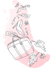Vector illustration of female clothes, bag, cosmetics, sale banner. Hand-drown fashion objects illustrations. Fall winter fashion collection