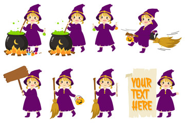 Cute Halloween witch character and elements vector set