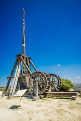 Wooden trebuchet, an old war machine in the castle of Les Baux de Provence