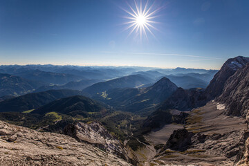 Summer sunset in the Alps at the top of Dachstein 3000 m.