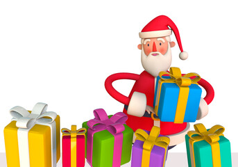 Santa Claus holding a gift, Merry Christmas and New year banner  Trendy 3d illustration on white background.