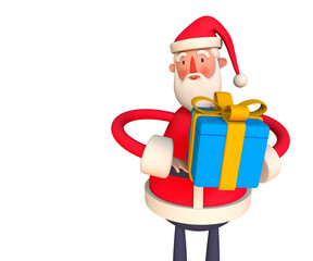 Santa Claus holding a gift, Merry Christmas and New year banner  Trendy 3d illustration on white background.