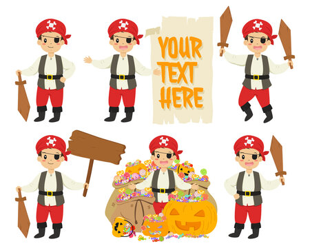 Cute Halloween pirate boy character and elements vector set