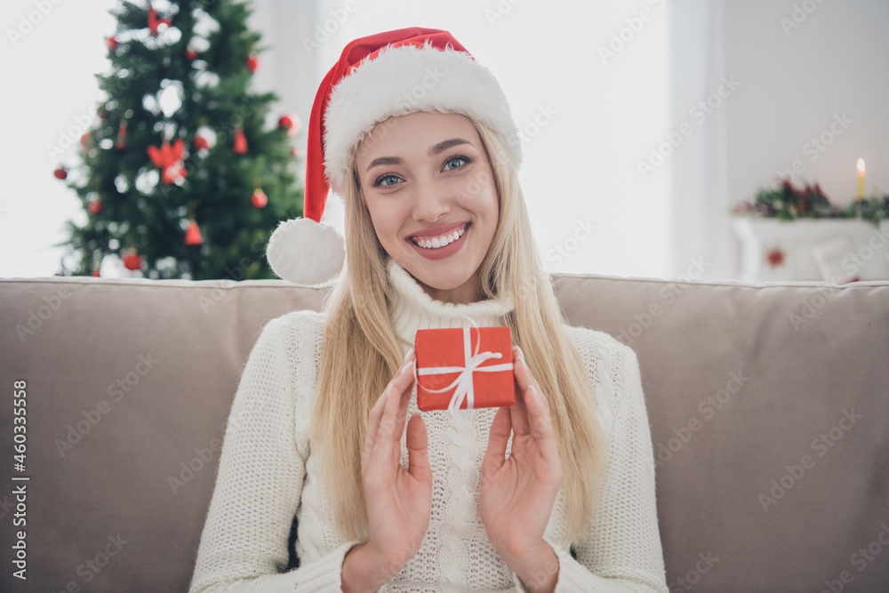 Poster Photo of pretty adorable young lady wear knitted pullover smiling holding small present box indoors house home room