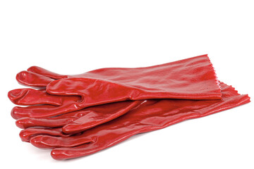 Pair of the red rubber gloves, isolated on white background