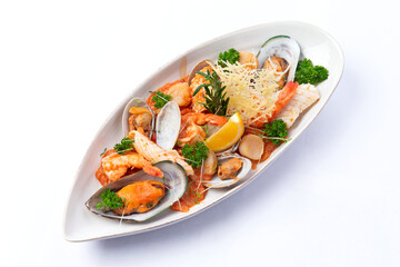 Assorted seafood in a plate. Isolated on white background.
