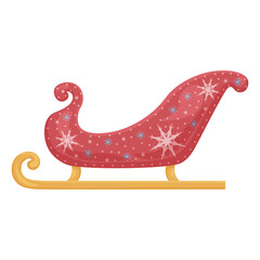 Santa Claus sleigh. Santa s bright red sleigh decorated with white and blue snowflakes. Santa Claus Christmas transport. Vector illustration isolated on a white background