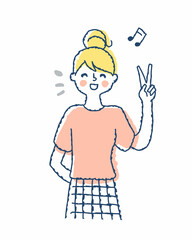 ピースサインをして喜んでいる若い女性