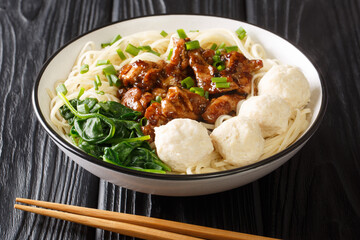 Chicken Noodle Meatballs Mie Ayam Bakso closeup in the bowl on the table. Horizontal
