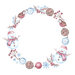 Christmas watercolor frame. Snowman, bird, winter berries, natural decor, wooden saw cut, Christmas balls, snowflakes. Illustration isolated. Blue, brown, burgundy colors. For printing on postcards