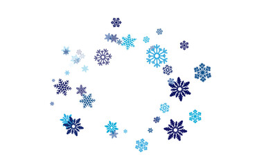 A scattering of blue snowflakes of different sizes.A ring, a round frame of their snowflakes