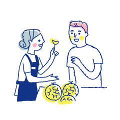 メロンの試食販売をする店員と客