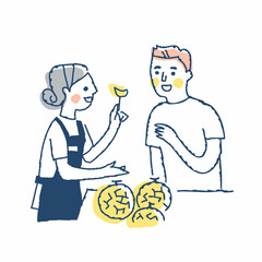 メロンの試食販売をする店員と客