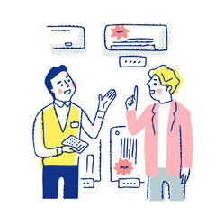 電気店で値段交渉をする客と店員