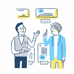 電気店で値段交渉をする客と店員