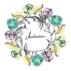 Obraz premium A wreath of doodle flowers on multicolored spots. Vector.