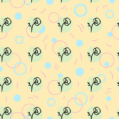 Seamless pattern of doodle flowers on multicolored spots. Vector. For digital and typographic design, fabric and paper. Scrapbooking design, wallpapers, greeting cards, packaging, accessories.