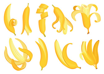 Obraz premium Cartoon bananas. Tropical fruits, banana snack or vegetarian nutrition. Fruit and ripe sweet food. set of banana fruit in various sides. Yellow cartoon single peeled and bunch of bananas