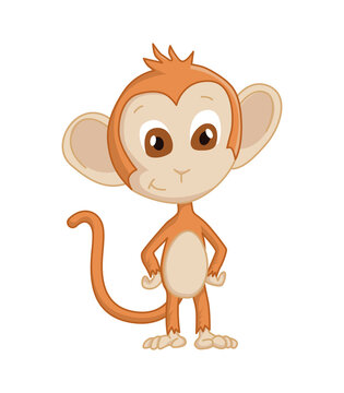 Cute funny monkey colorful cartoon illustration.  little chimpanzee. Wildlife character. Ape stands