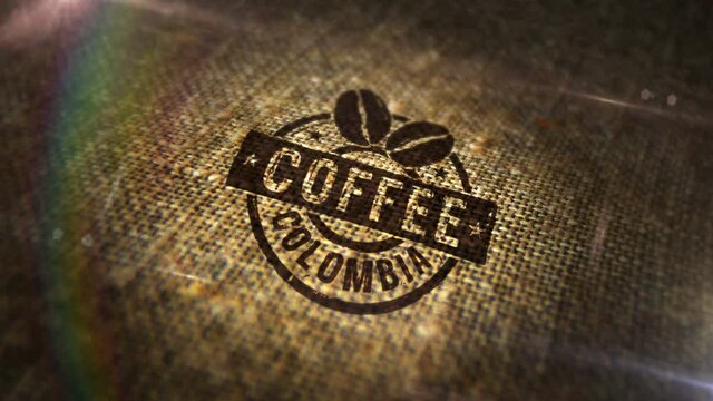 Coffee Colombia sign stamp on natural linen sack. Factory, manufacturing and production country 3D rendered design abstract concept. Looped and seamless animation.