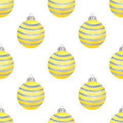 Yellow striped Christmas tree baubles seamless pattern isolated on white background. Watercolor colorful glass balls. Minimal gifts wrapping paper design. Retro new year toys wallpaper 