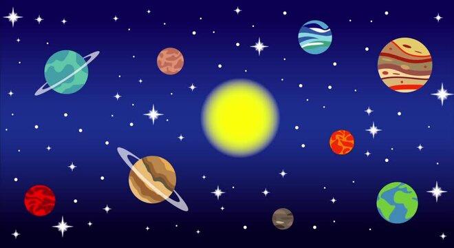 Planets of the Solar System and stars on blue background. Galaxy, space, cosmic exploration hd cartoon animation.