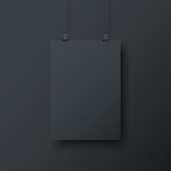 Realistic blank black paper hanging on office clip isolated on dark grey background. Mockup template for design. Vertical empty A4 sheet with shadow. Show your flyers, brochures, headlines. Vector