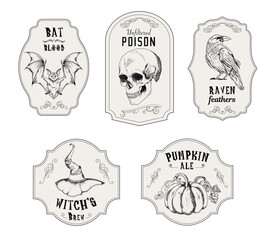 Set of 5 spooky apothecary Halloween labels for Halloween decorations - obrazy, fototapety, plakaty
