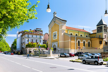 Fototapeta premium Turin, Italy. May 12th, 2021. Parish Catholic Church of Sant'Agnese Virgin and Martyr viewed from Corso Moncalieri.