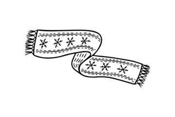 Hand drawn vector illustration of winter scarf. Isolated black and white outline design for logo, icon, banner, sticker.